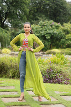 Vastranavya Parrot Green Navratri Special Kutchi Patch Work with Leheriya Printed Kurti | Grocsy