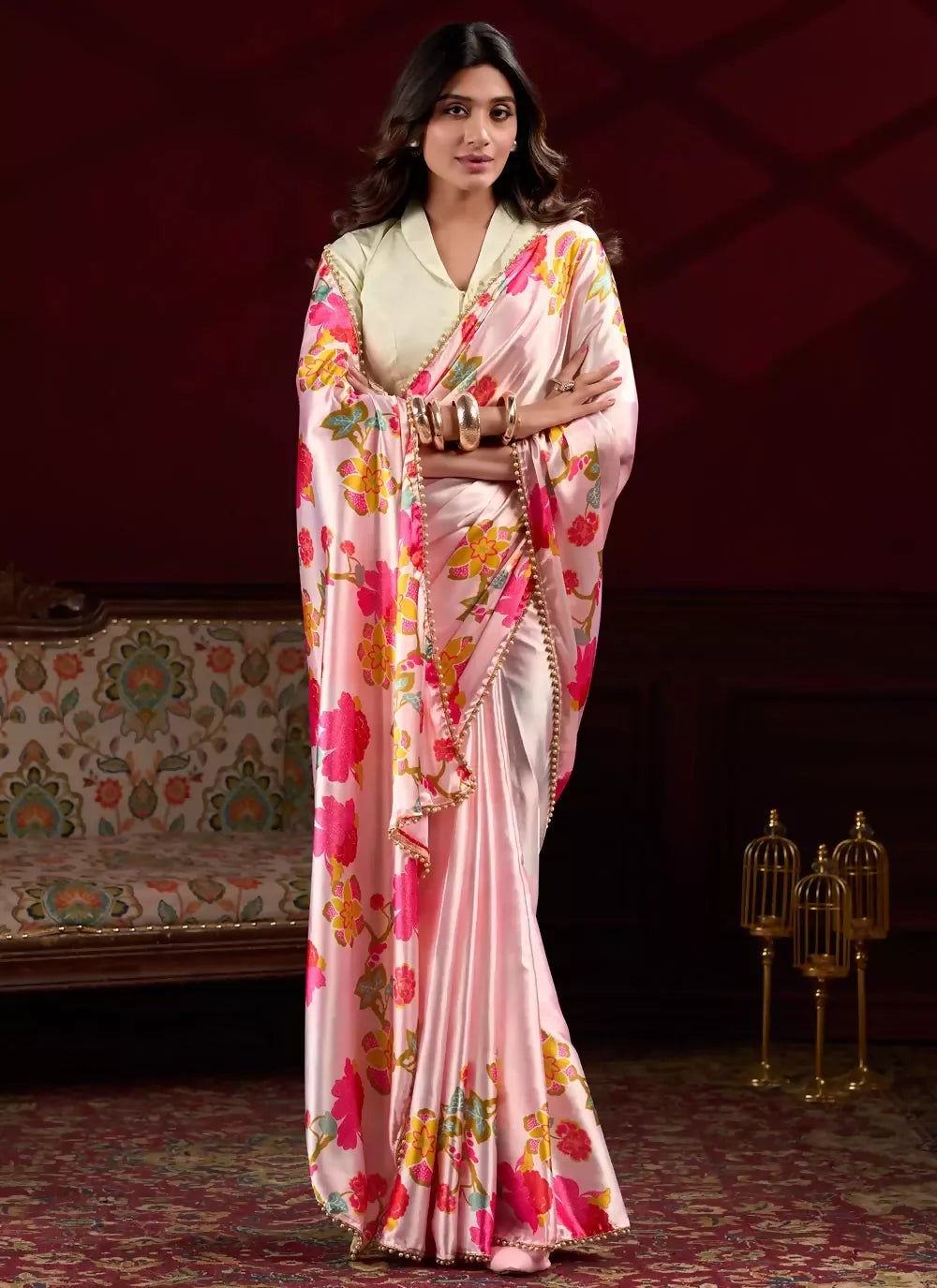Vastranavya Peach Satin Silk Floral Printed with Pearl Lace Saree with Unstitched Blouse | Grocsy