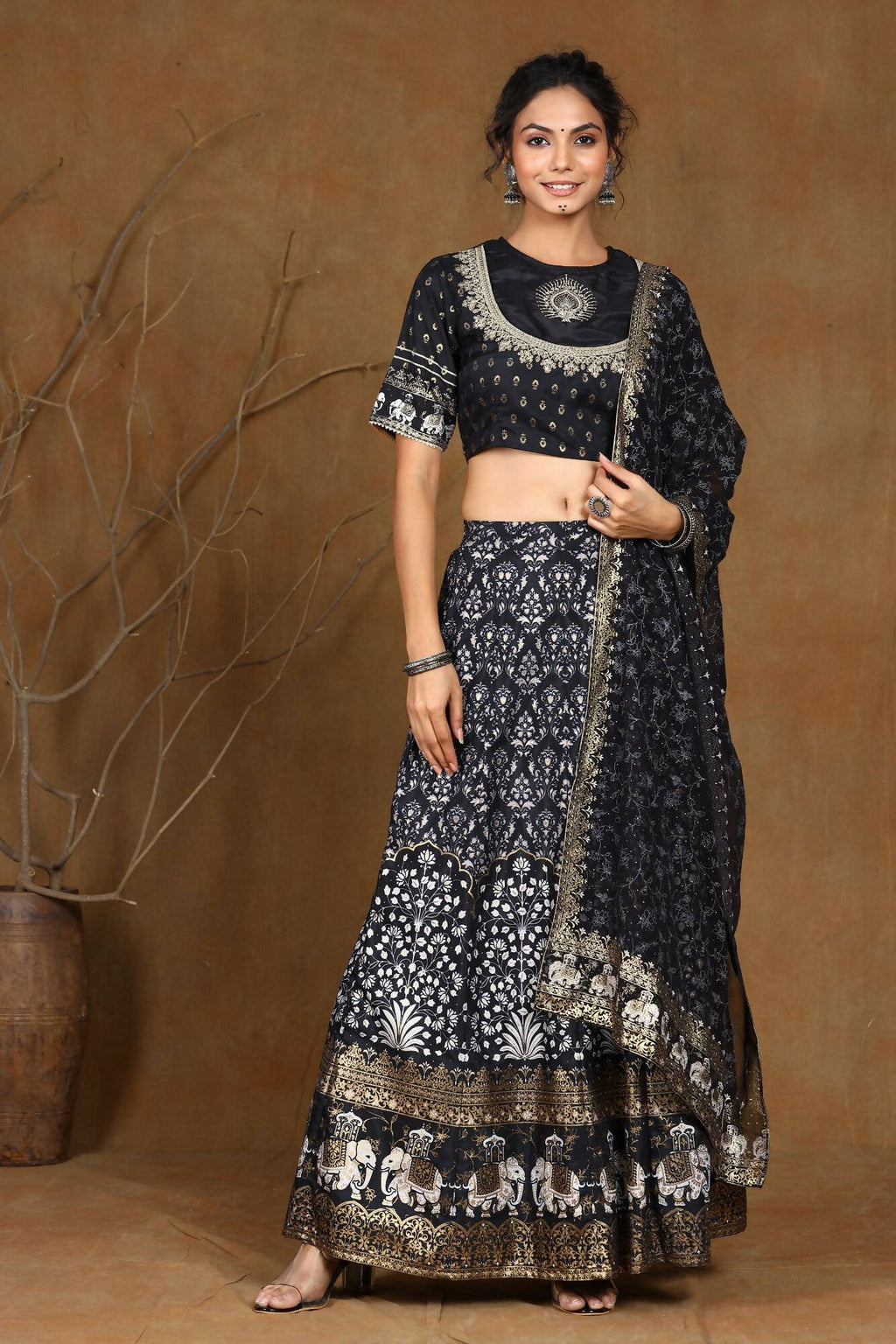 Juniper Women Black Shantoon Embroidered Flared Lehenga Choli Sets | Grocsy