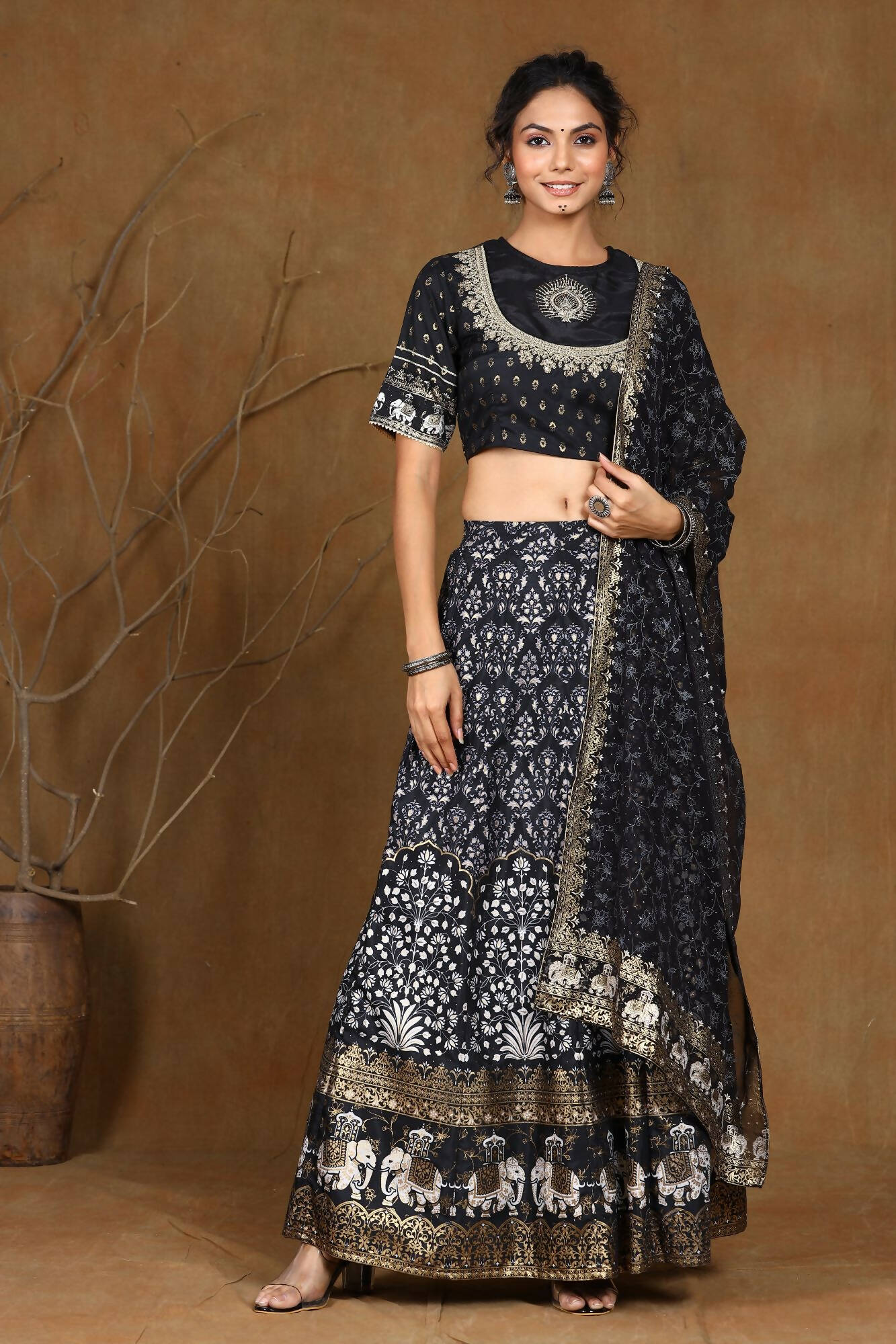 Juniper Women Black Shantoon Embroidered Flared Lehenga Choli Sets | Grocsy