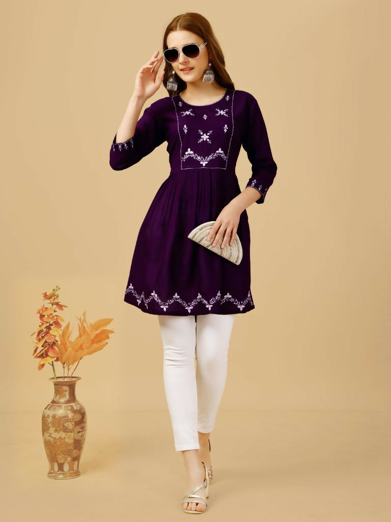 Jyoti Fashion Women's Purple Viscose Rayon Embroidered Casual Top | Grocsy