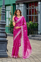 Vastranavya Pink Embroidery Work Shimmer Chiffon Saree with Unstitched Blouse | Grocsy