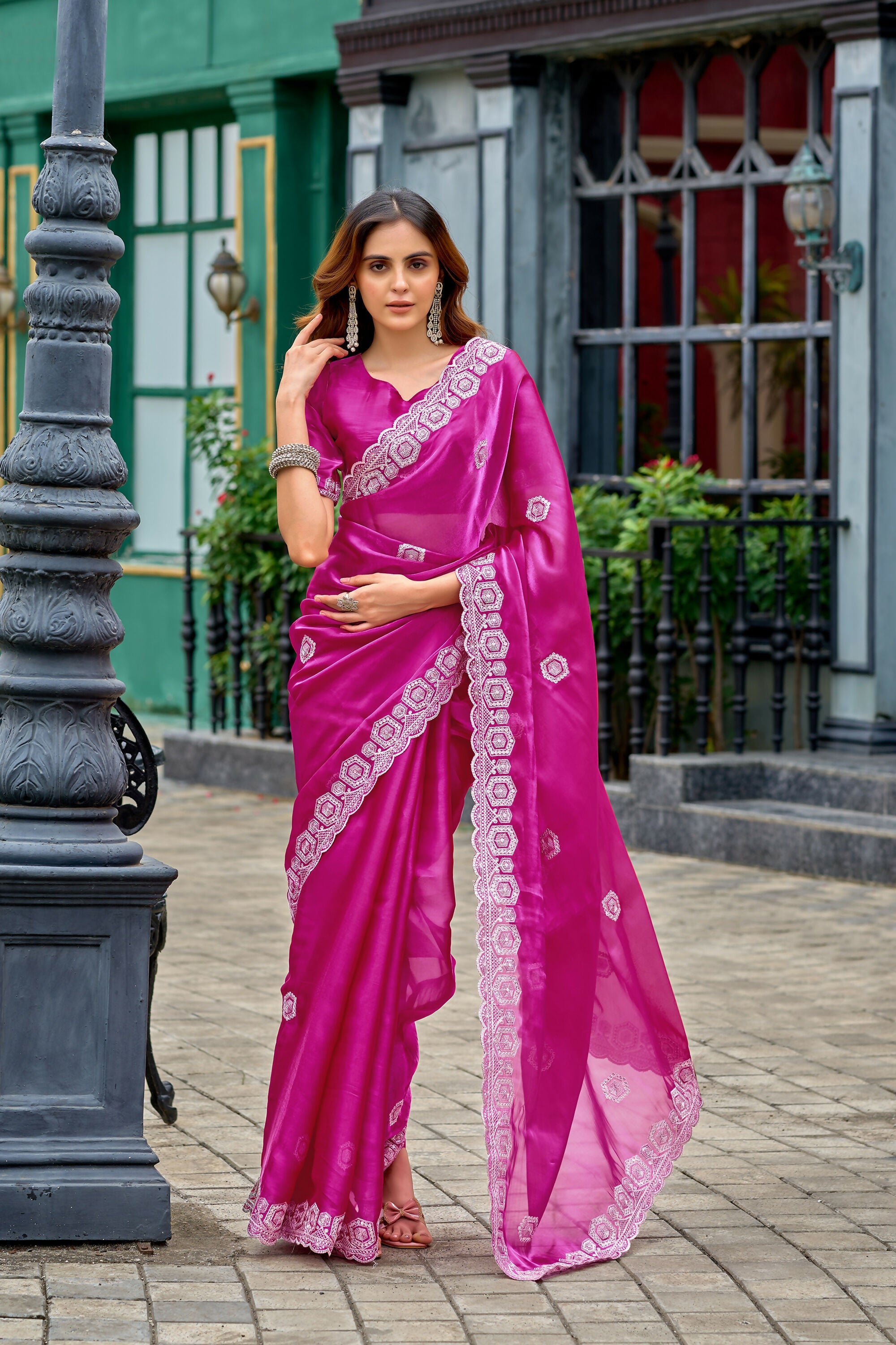 Vastranavya Pink Embroidery Work Shimmer Chiffon Saree with Unstitched Blouse | Grocsy