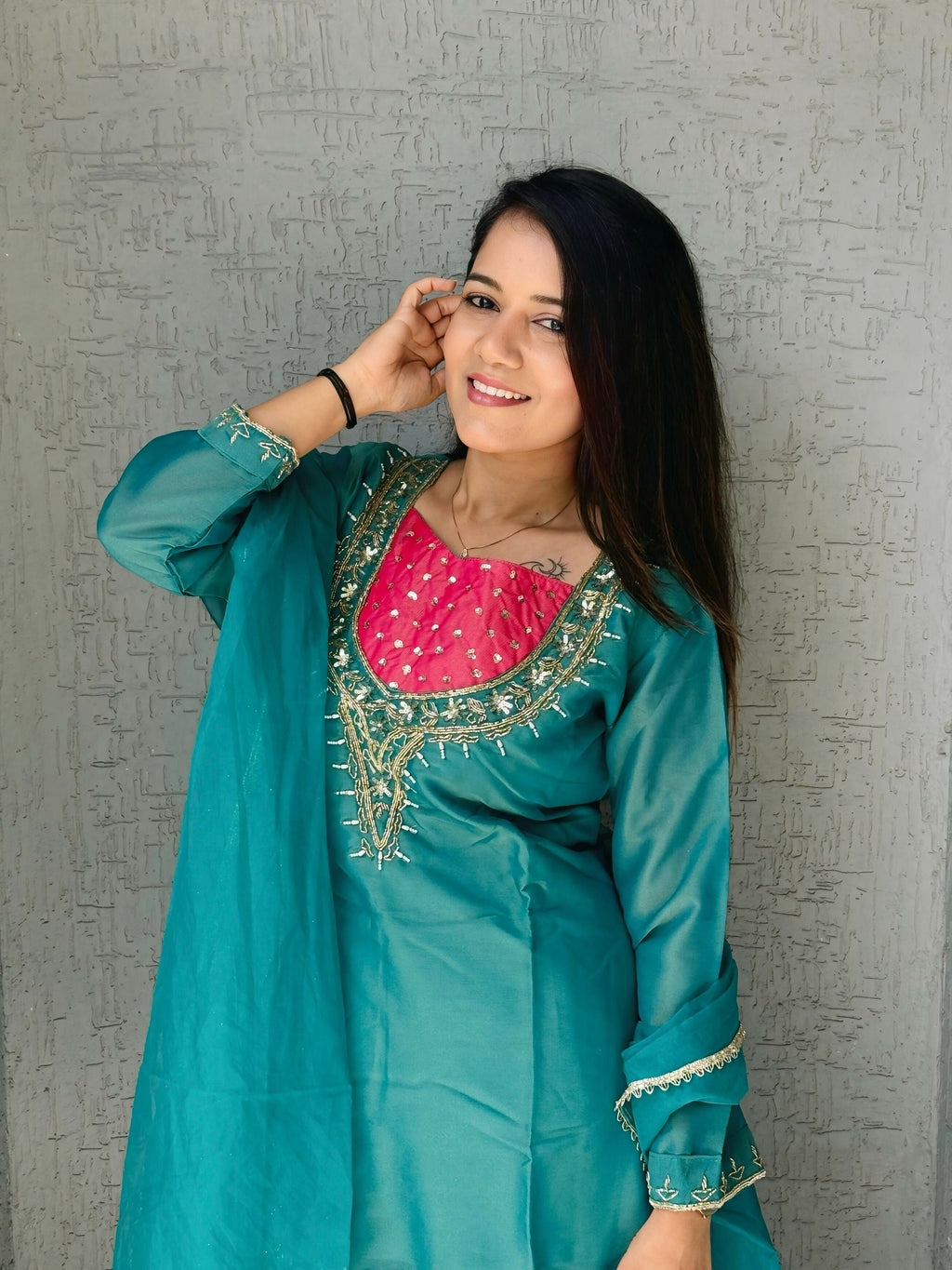 Anaita Sky-Blue Roman Shimmer Readymade Kurti Set with Handwork & Moti Work | Grocsy