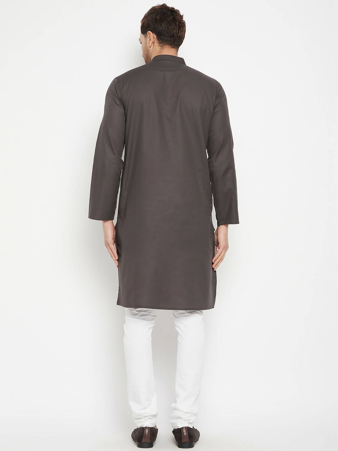 Even Apparels Brown Color Pure Cotton Long Men's Kurta With Band Collar | Grocsy