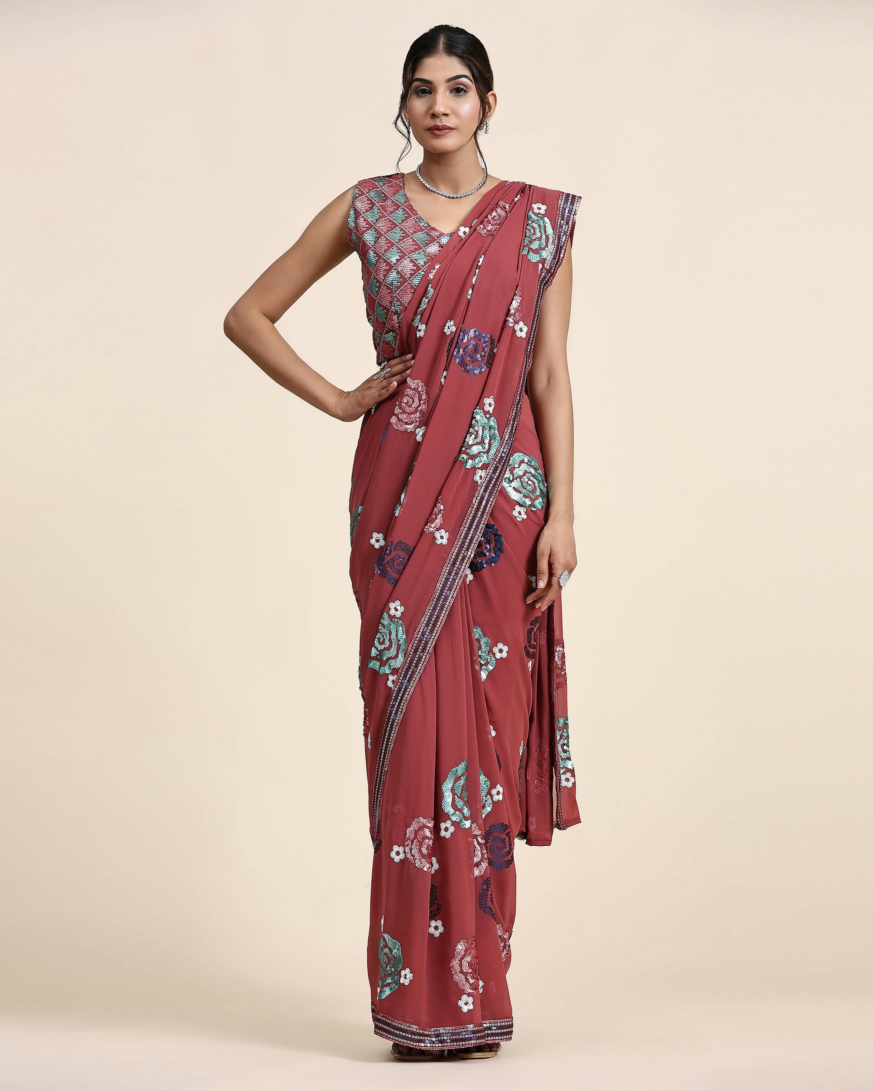 Peach Pure Georgette Sequence work Ready to wear Saree with stitched Blouse - Nirvana | Grocsy
