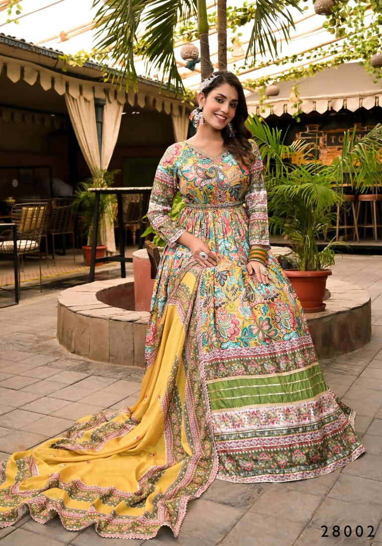 Wedding Designer Multi Soft Dola Silk Anarkali suit with Dupatta - Sanj | Grocsy