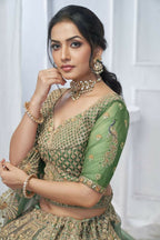 Kesar Fab Green Net Embroidered Lehenga | Grocsy