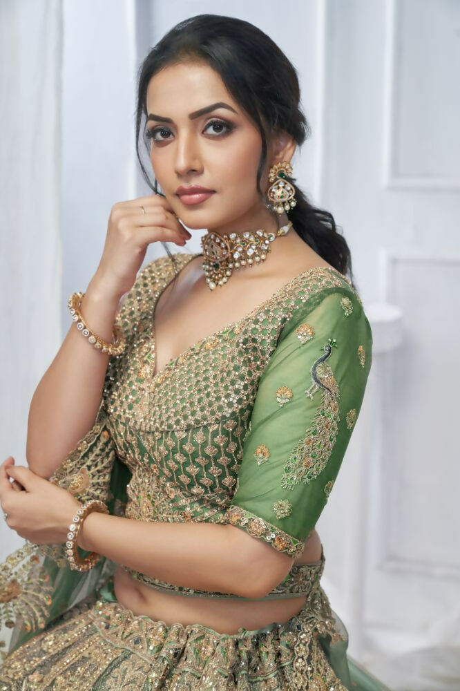 Kesar Fab Green Net Embroidered Lehenga | Grocsy
