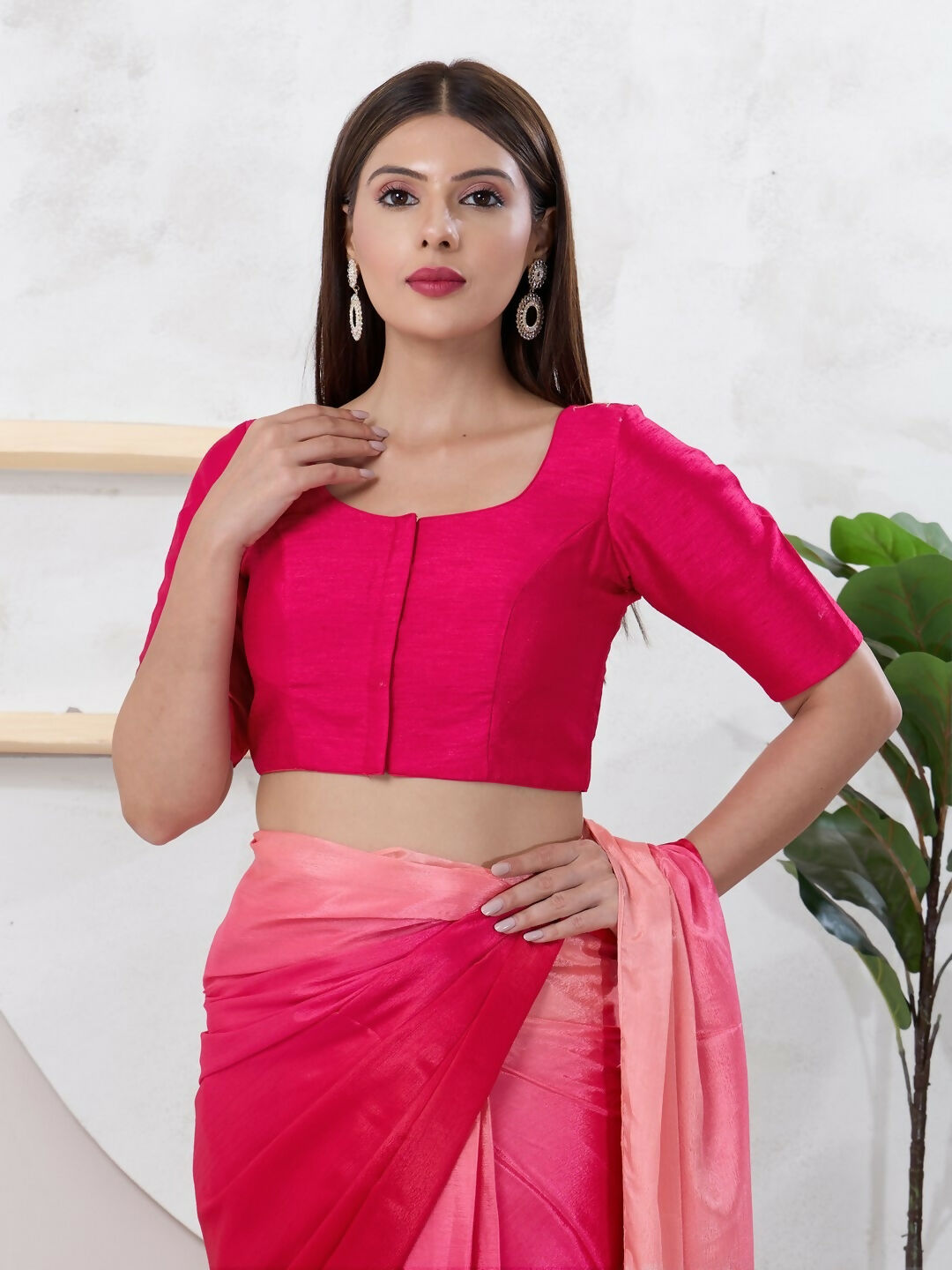 Joban Fashion Tomato-Pink Dupion Silk Elbow Sleeveless Front Open Blouse | Grocsy