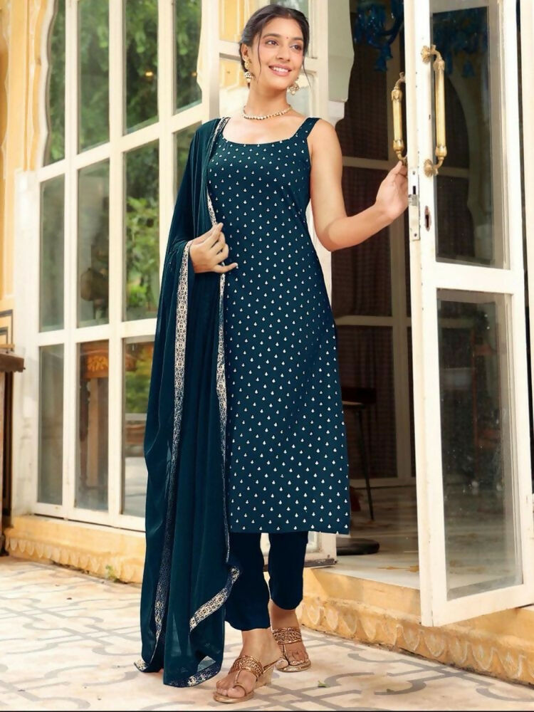 Teeya Creation Womens New Elegant Teal Embroidered Kurti with Matching Bottom Set | Grocsy
