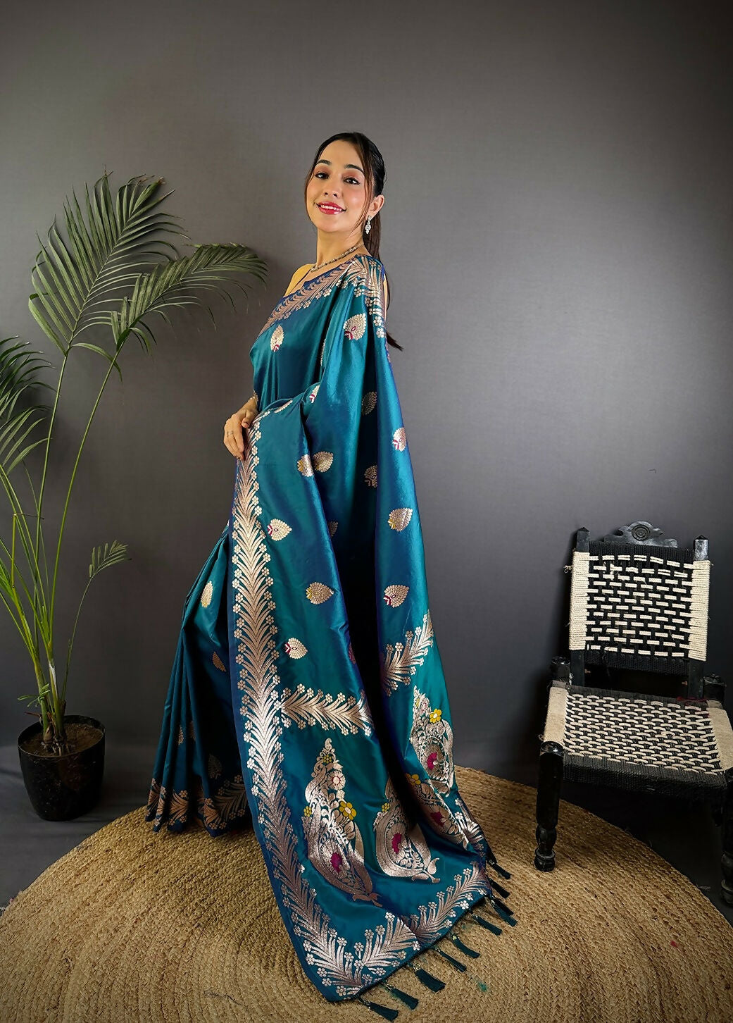 Joban Fashion Banarasi Sea Blue Woven Soft Silk Saree | Grocsy