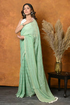 Very Much Indian Designer Mul Cotton Handloom Saree with Sequins - Sea Green | Grocsy