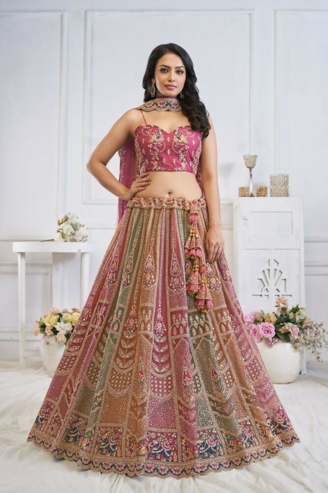 Kesar Fab Multi-Onion Net Embroidered Lehenga | Grocsy