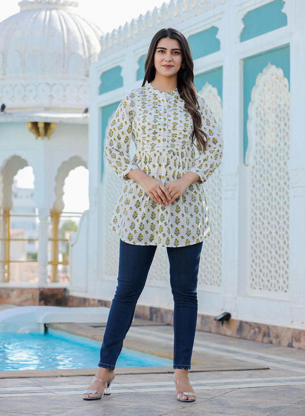 Kaajh Women's Yellow-White Floral Hand Block Printed Cotton Top | Grocsy