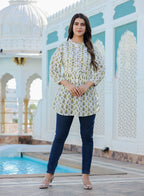 Kaajh Women's Yellow-White Floral Hand Block Printed Cotton Top | Grocsy