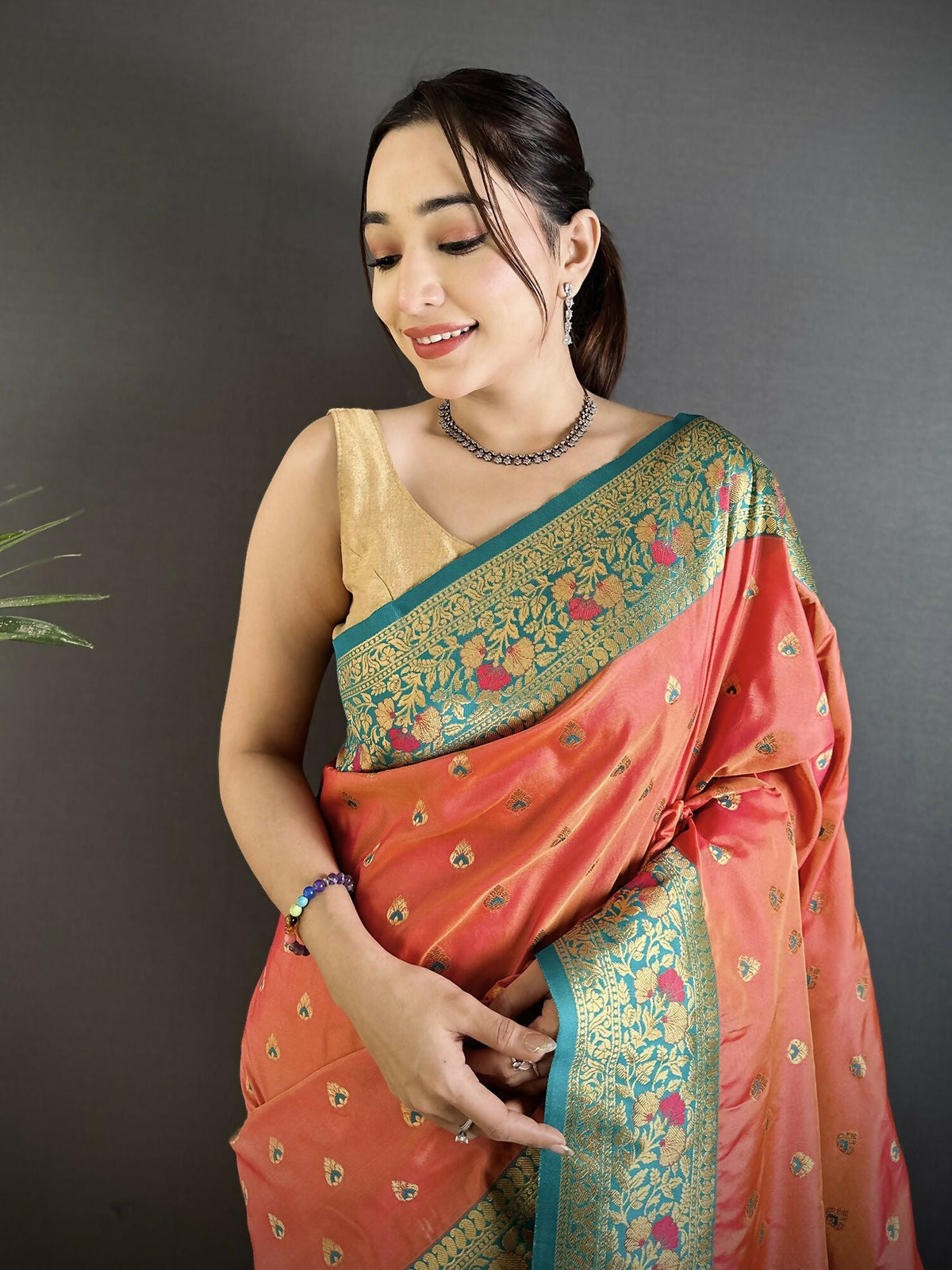 Joban Fashion Coral Pink Intricate Motifs Soft Silk Banarasi Saree | Grocsy