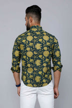 Miravan Men's Cotton Printed Full Sleeve Slim Fit Spread Neck Green Shirt | Grocsy