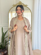 The52 CreamWomen's Gorgeous Vichitra Silk Fabric Embroidered Work Flared Anarkali Pant and Dupatta Set | Grocsy