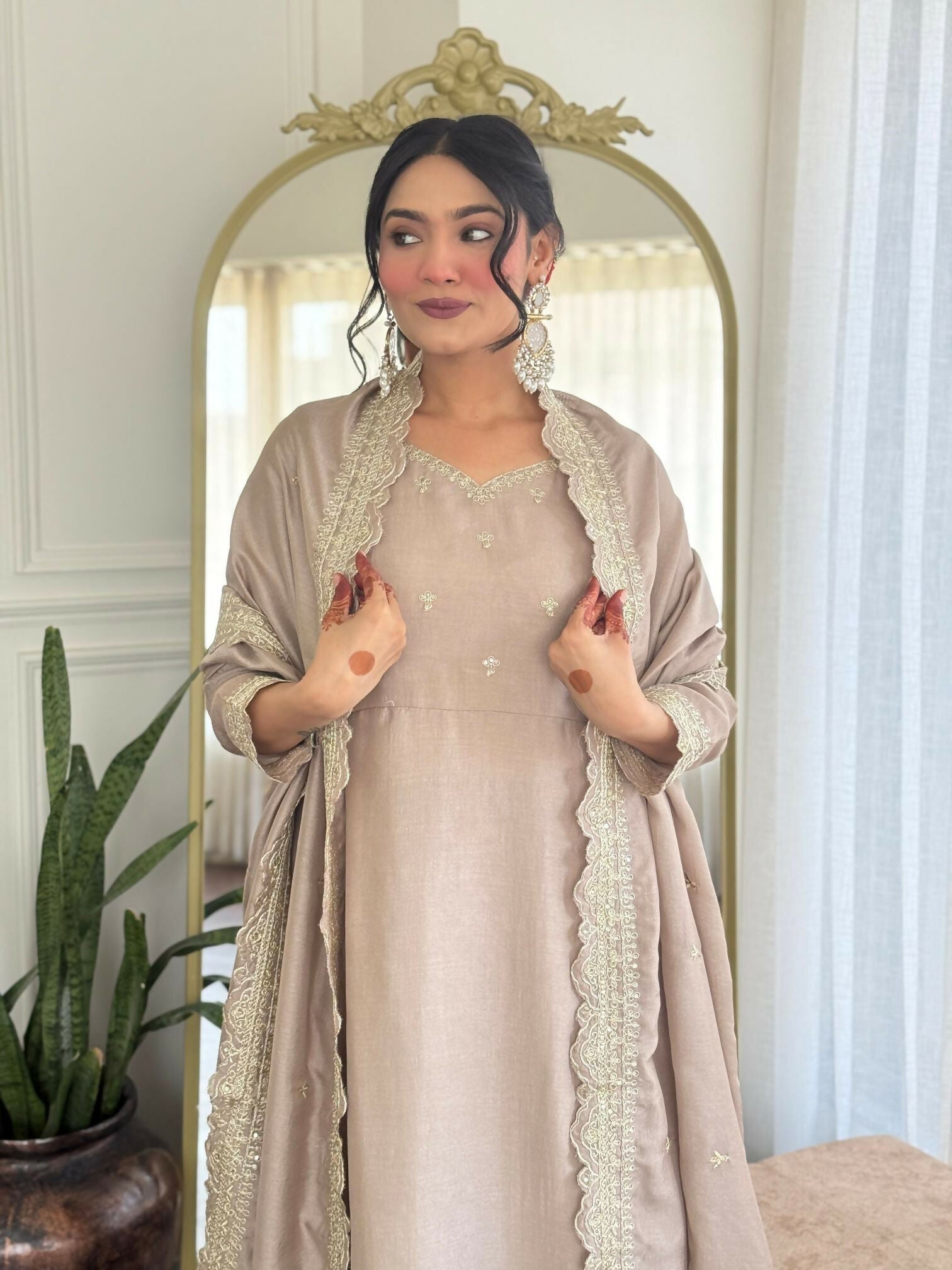 The52 CreamWomen's Gorgeous Vichitra Silk Fabric Embroidered Work Flared Anarkali Pant and Dupatta Set | Grocsy