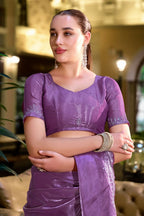 Vastranavya Lavender Embroidery Work Shimmer Chiffon Saree with Unstitched Blouse | Grocsy