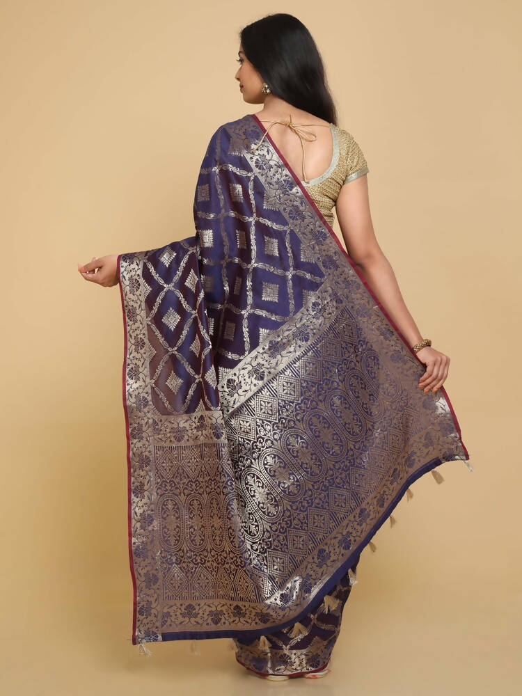 Kalamandir Checked Violet Silk Blend Saree | Grocsy