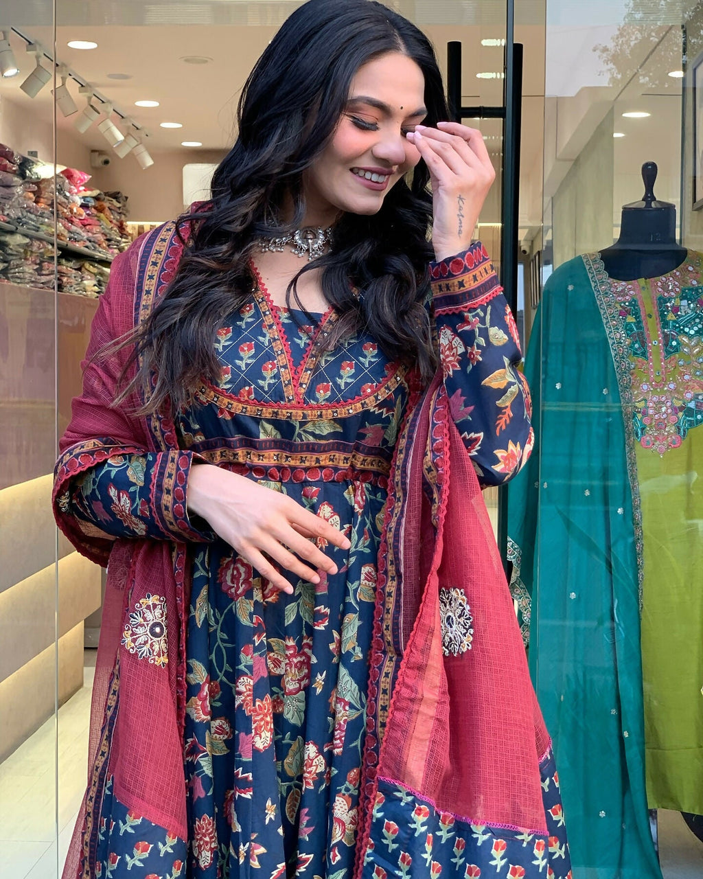 The52 Women's Beautiful Cotton Fabric Printed Work Flared Kurta Palazzo and Dupatta Set | Grocsy