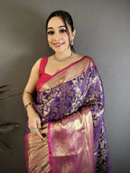 Prime Volt Pure Handloom Kanjivaram Katan Silk Saree with Antique Zari & Contrast Pallu-Purple | Grocsy
