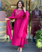 The52 Pink Women's Gorgeous Chanderi Fabric Embroidered Work Straight Kurta Pant and Dupatta Set | Grocsy