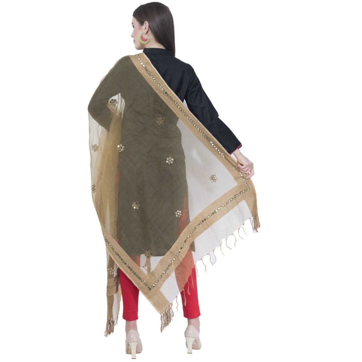 A R Silk Dark Golden Color Orgenza Flower Mirror Dupattas and Chunnis | Grocsy