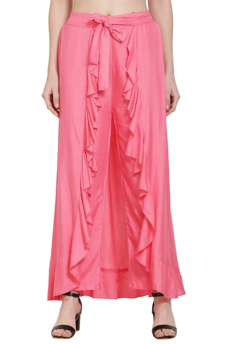 Asmaani Peach Color Plain Ruffle Palazzo | Grocsy
