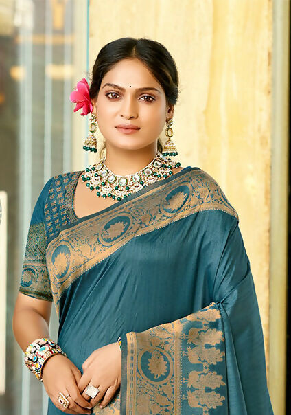 Sangam Prints Ocean Blue Assam Silk Woven Work Traditional Saree | Grocsy