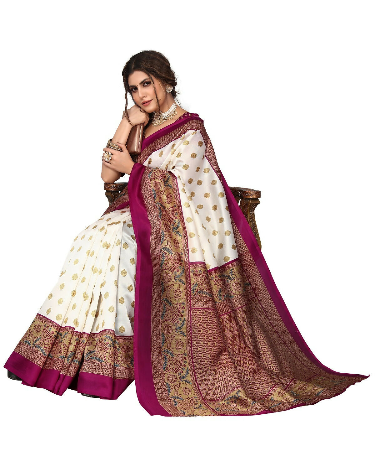 Vamika white & purple Printed Art Silk Saree | Grocsy