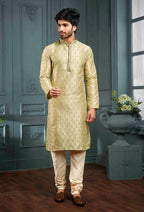 Joban Fashion Men's Golden & Pista Poly Jacquard Kurta Pajama | Grocsy