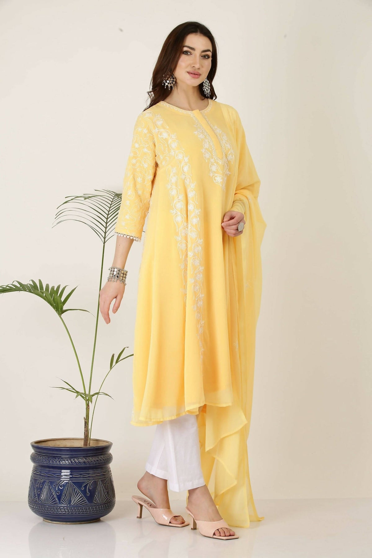 Joban Fashion Yellow&White Georgette Kurta Set | Grocsy