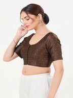 Joban Fashion Brown Taffeta Silk Elbow Sleeveless Front Open Blouse | Grocsy