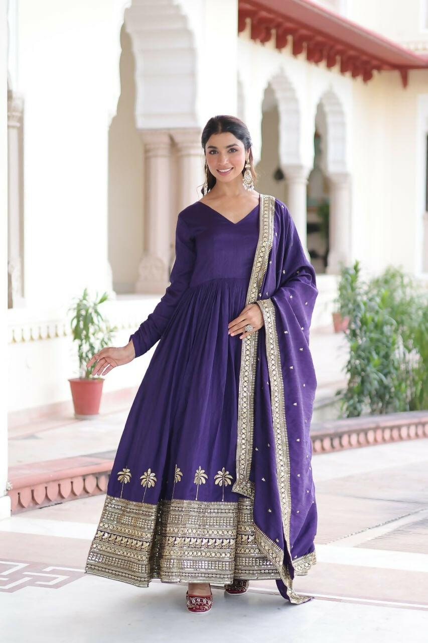 Teeya Creation Womens New Fancy Vichitra Silk With Rich Sequins Embroidered Work Gown Set | Grocsy