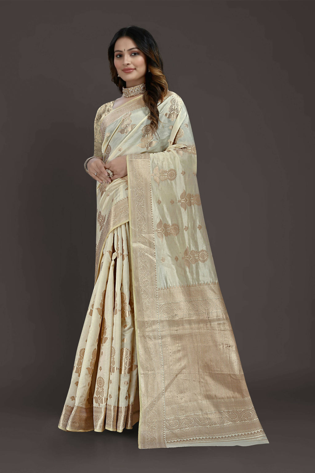 Off White Pure Raw Silk Zari Woven Saree with Unstitched Blouse Piece - Alisha | Grocsy