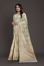 Off White Pure Raw Silk Zari Woven Saree with Unstitched Blouse Piece - Alisha | Grocsy