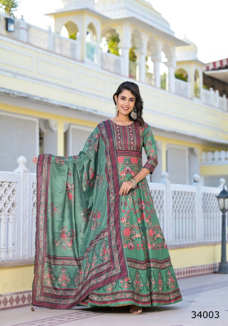 Partywear Designer parrot Dola Silk Anarkali suit with Dupatta - Suzen | Grocsy