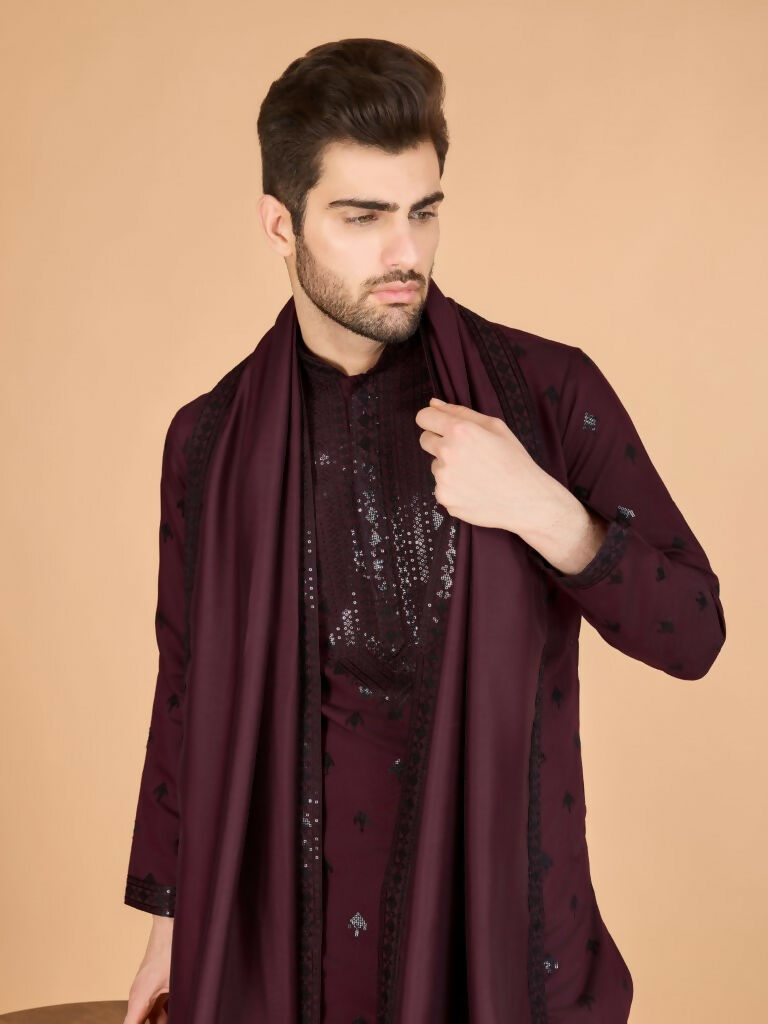 Vastranavya Maroon Exclusive Festival Wear Viscose Silk Thread with Sequence Embroidered Work Kurta with Dupatta | Grocsy