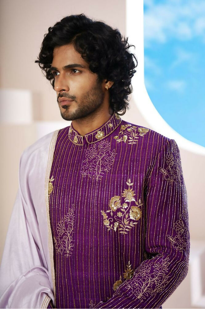 Purple Elegance Sherwani With Zardosi And Gold Embellishments by Hilo Design | Grocsy