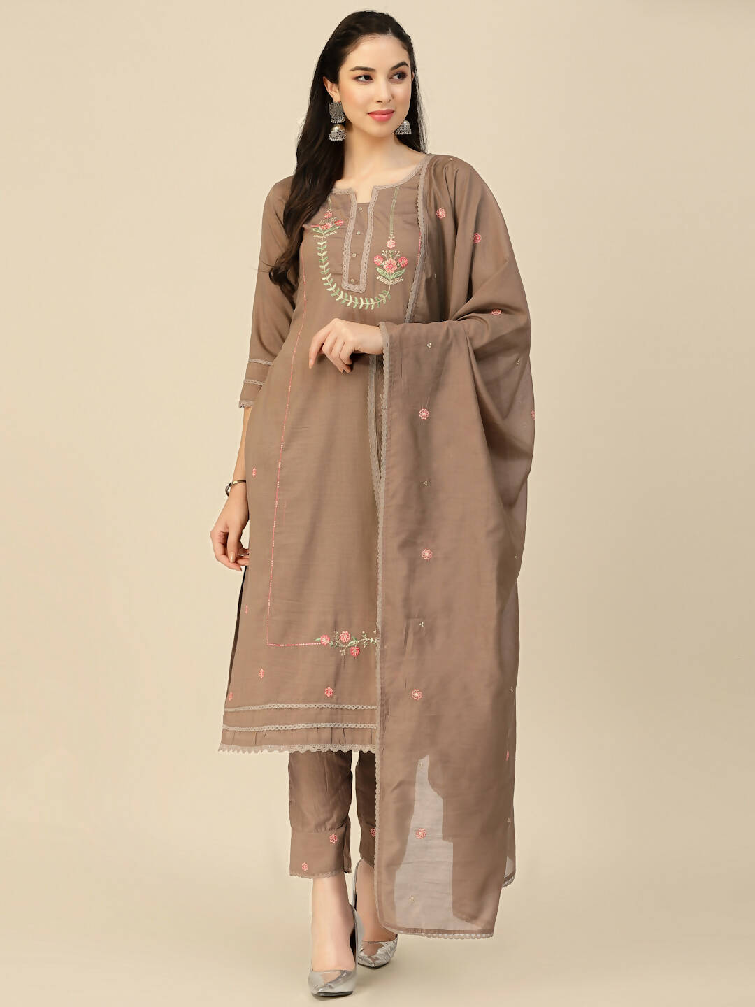 Brown Embroidered Chinon Straight Kurta With Trouser & Dupatta - Salimar | Grocsy