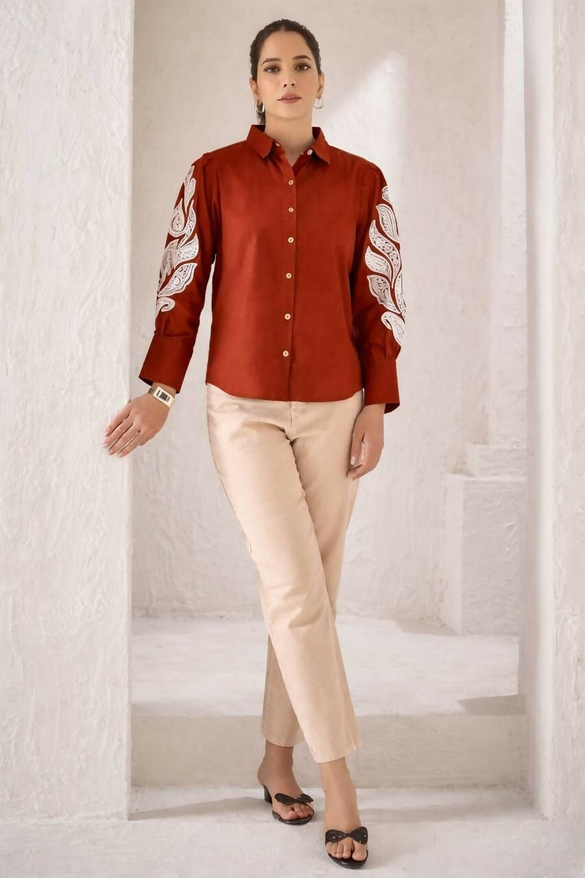 Teeya Creation Women Trendy Rust Cotton Button-Down Top with White Contrast Embroidered Sleeves | Grocsy