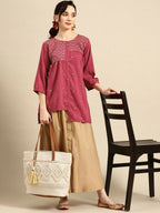 Women's Pink Viscose blend Embroidered Short Top - Marina | Grocsy