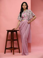 Pink Chiffon Solid Ready to wear Saree with stitched Blouse - Aayan | Grocsy