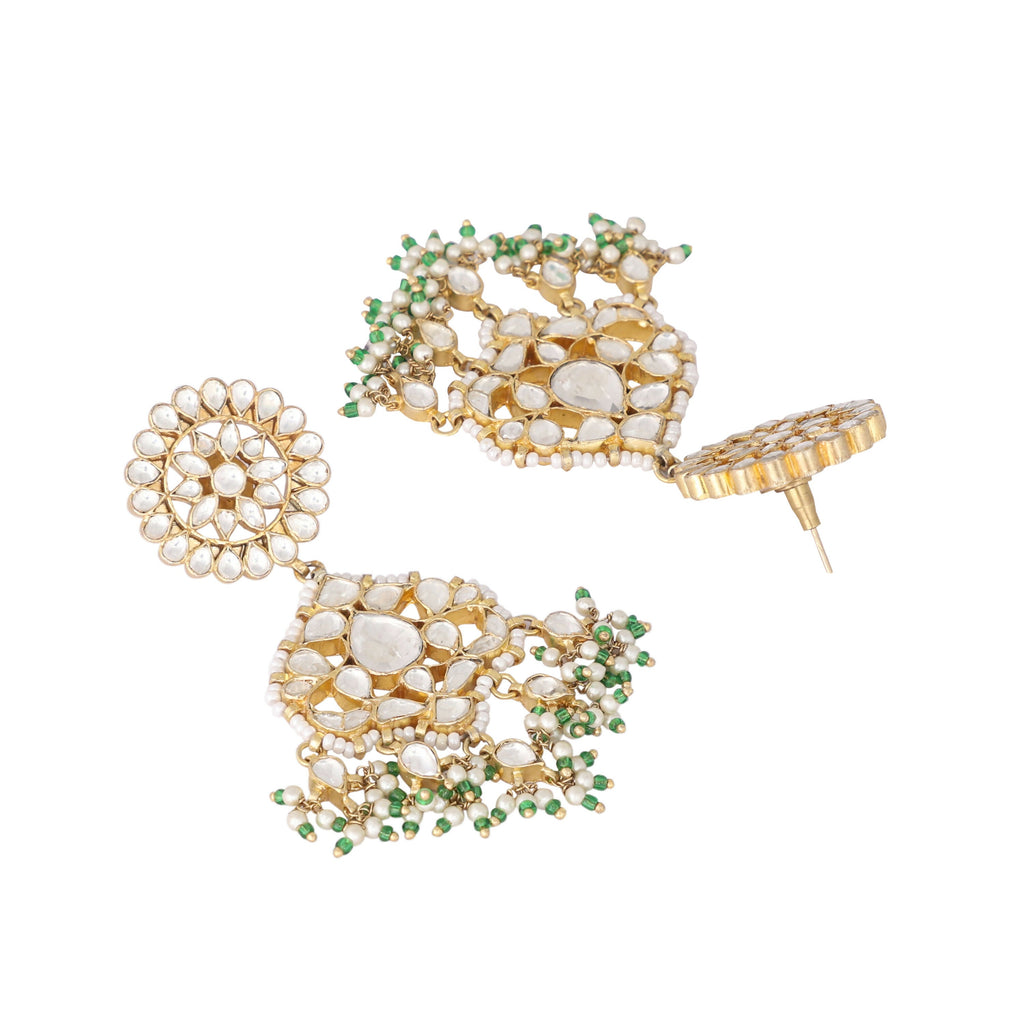 Nuyug 22K Gold Plated Traditional Kundan Studded Contemporary Dangler Earrings with Pearl and Green Bead Accents | Grocsy