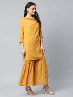 Ahalyaa Womens Mustard Georgette Gold Foil Printed Kurta Sharara Set With Dupatta | Grocsy