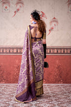 Vastranavya Lavender Tussar Silk Printed with Viscose Border Saree & Unstitched Blouse | Grocsy