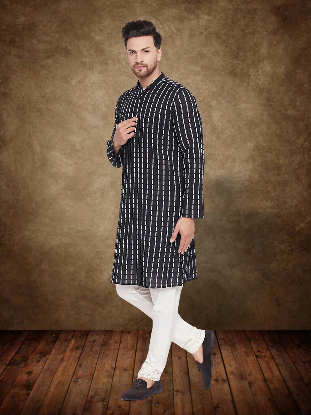 Even Apparels Men's Pure Cotton Black Check Kurta | Grocsy